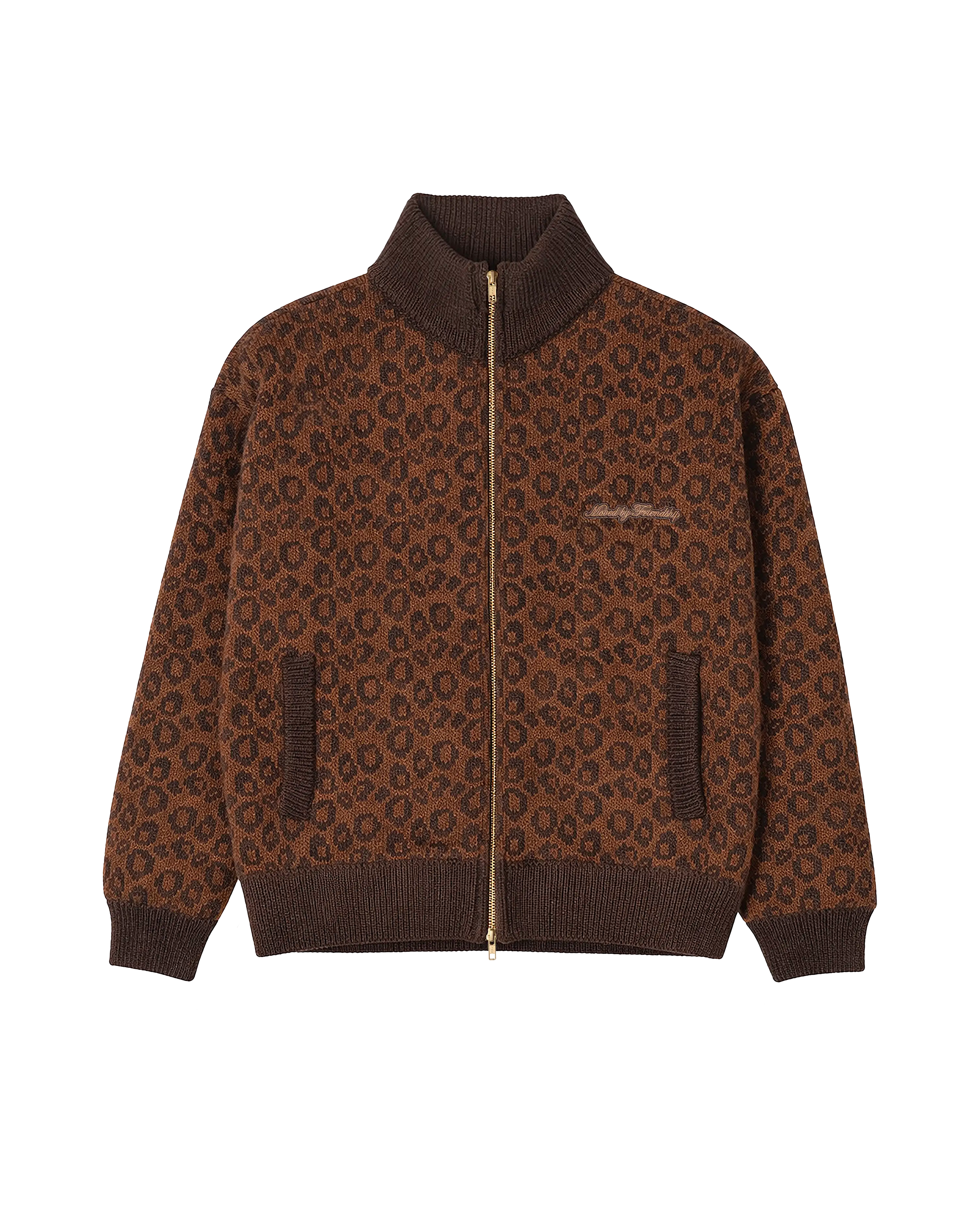 Brown cotton knit jacket with leopard pattern and embroidered chest patch