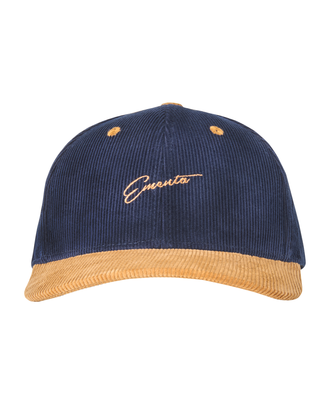 Crafted from soft corduroy, the Cocktail Corduroy Cap features a dark blue helmet and a camel-colored curved brim for a stylish contrast. The front is embroidered with the 'Ementa' logo from our cocktail design, adding a unique touch. The adjustable strap at the back ensures a perfect fit, making it both comfortable and fashionable.