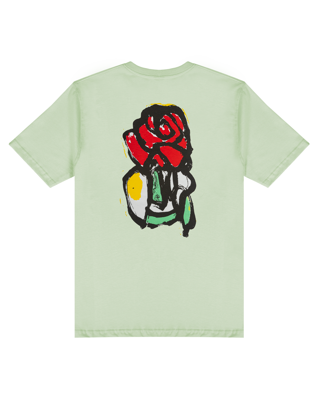 Made from soft cotton fabric, this light green t-shirt offers a comfortable fit that sits naturally on the body, designed to suit all. It features an embroidered signature and the Rosay design printed on the back.