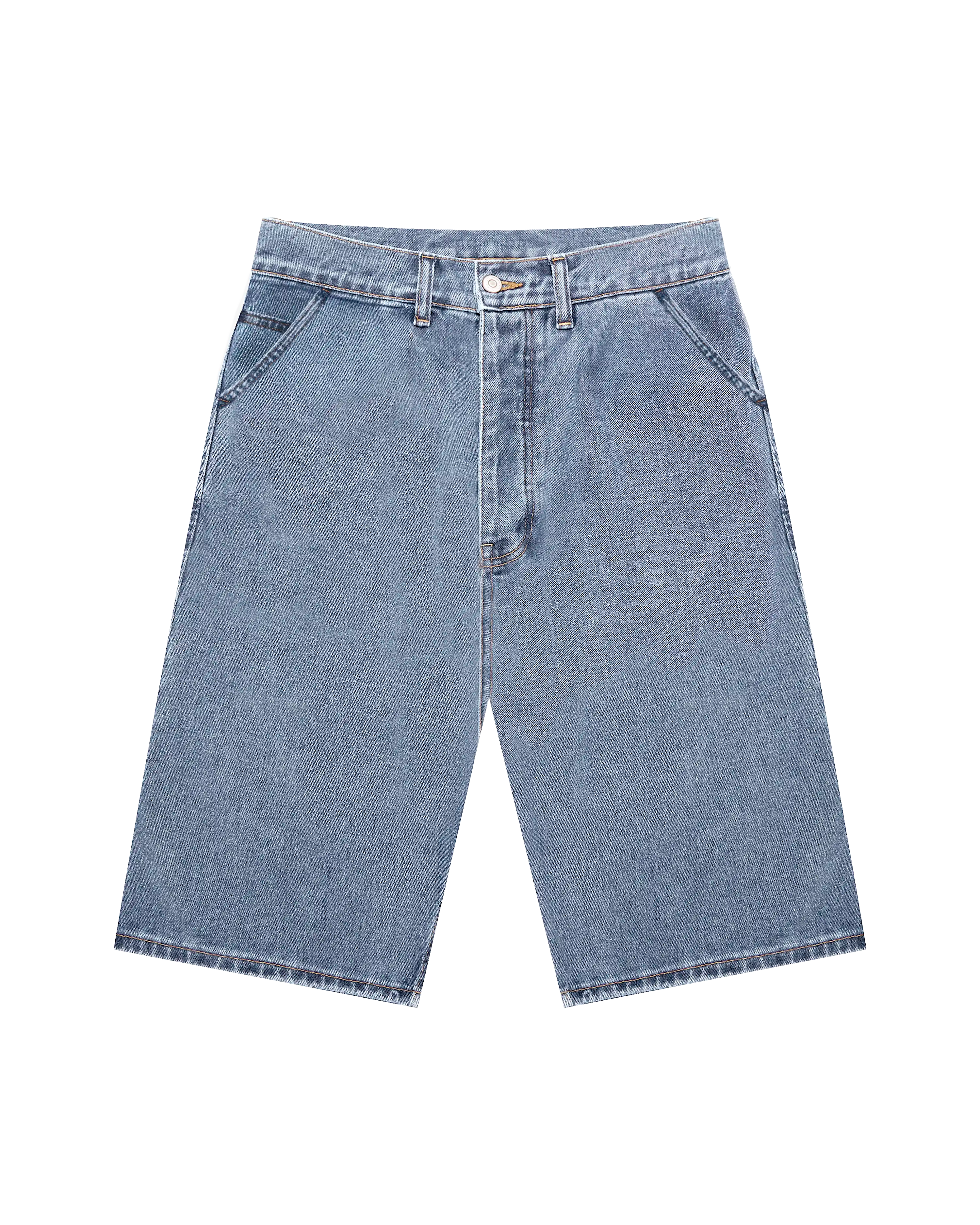 100% Cotton denim
Blue fade-out wash&nbsp;
Embroidered designs on back and side pockets
2 front pockets with classic coin pocket
2 back patch pockets for functional storage
2 side utility pockets with reinforced stitching
Relaxed, knee-length fit with wide leg opening
Branded leather patch on waistband
Made in Portugal